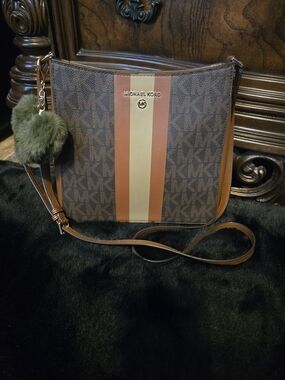 Michael Kors Brown Signature Crossbody Bag with Stripe Detail